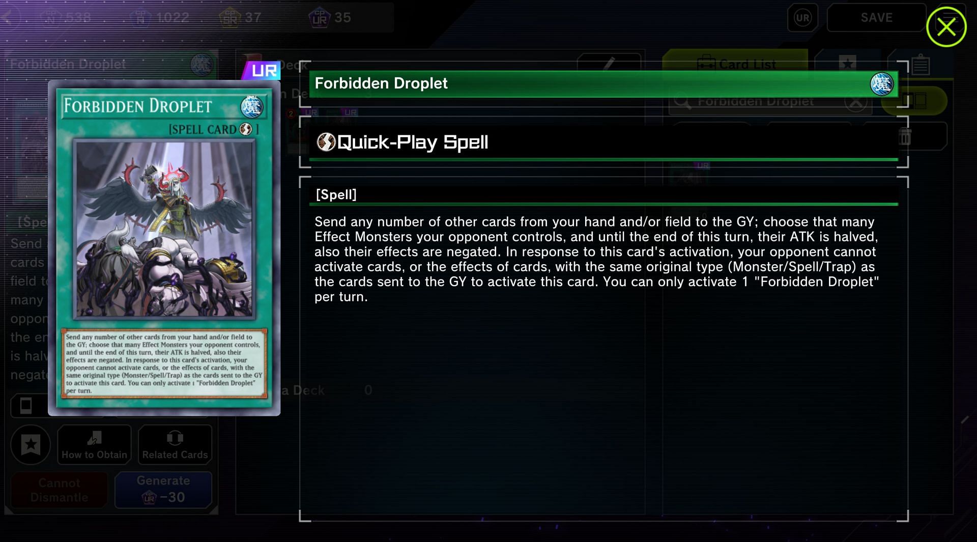 Forbidden Droplet can negate Cyber Angel Benten and other cards, completing stopping the combo (Image via Konami)