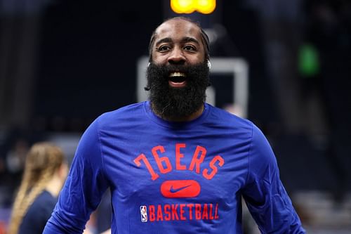 James Harden warms up for Philadelphia 76ers v Minnesota Timberwolves game