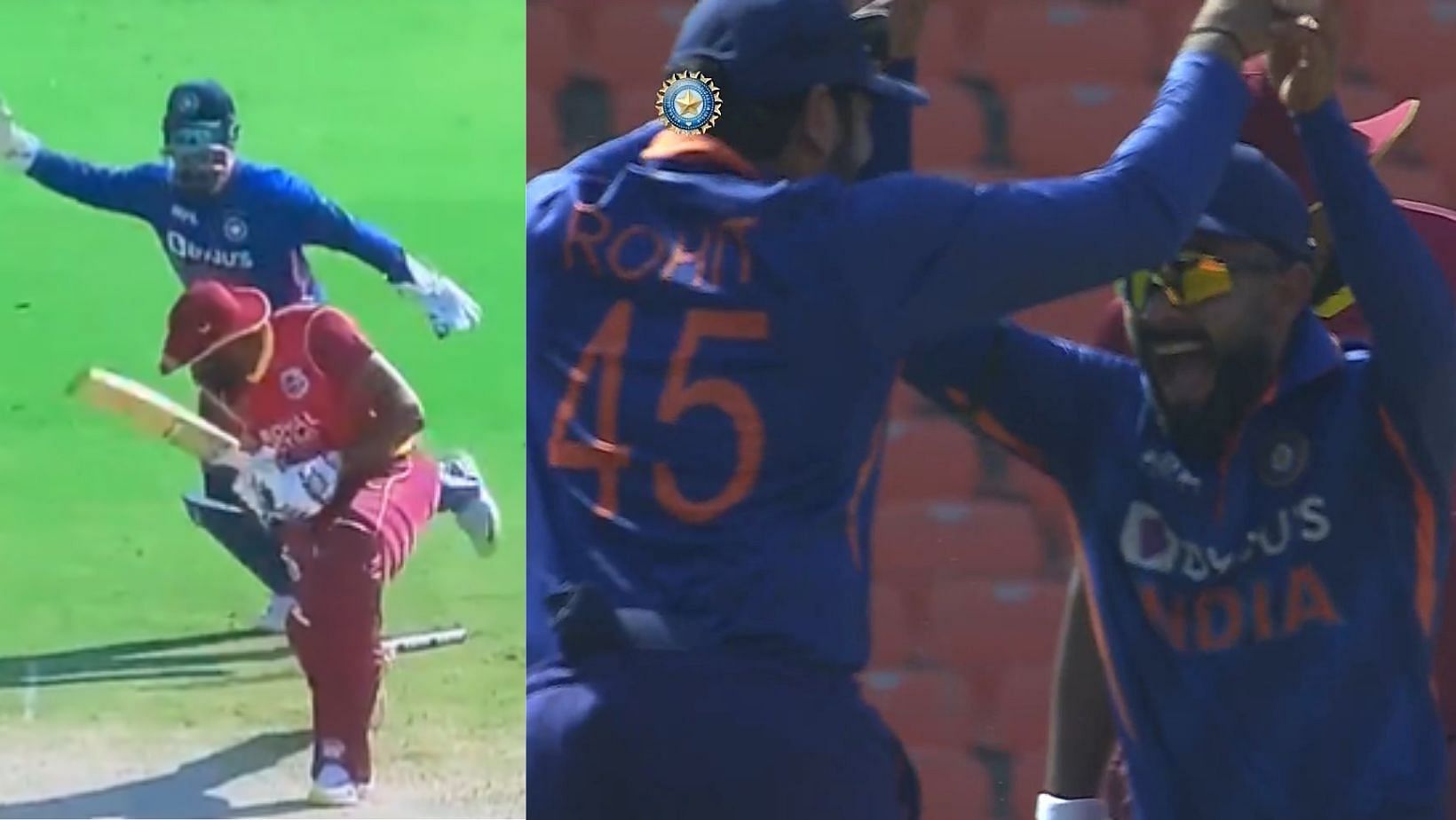 Yuzvendra Chahal&#039;s dismissal of Kieron Pollard (L) and Virat Kohli&#039;s celebration (R).