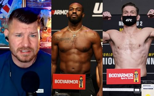 Michael Bisping(left) via YouTube/ Michael Bisping Podcast; Jon Jones(centre); Stipe Miocic(right)