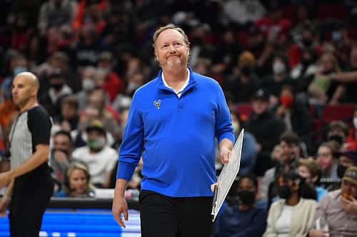 Head coach Mike Budenholzer of the Milwaukee Bucks looks on during the third quarter of the game against the Portland Trail Blazers at the Moda Center on February 05, 2022 in Portland, Oregon. The Milwaukee Bucks won 137-108.