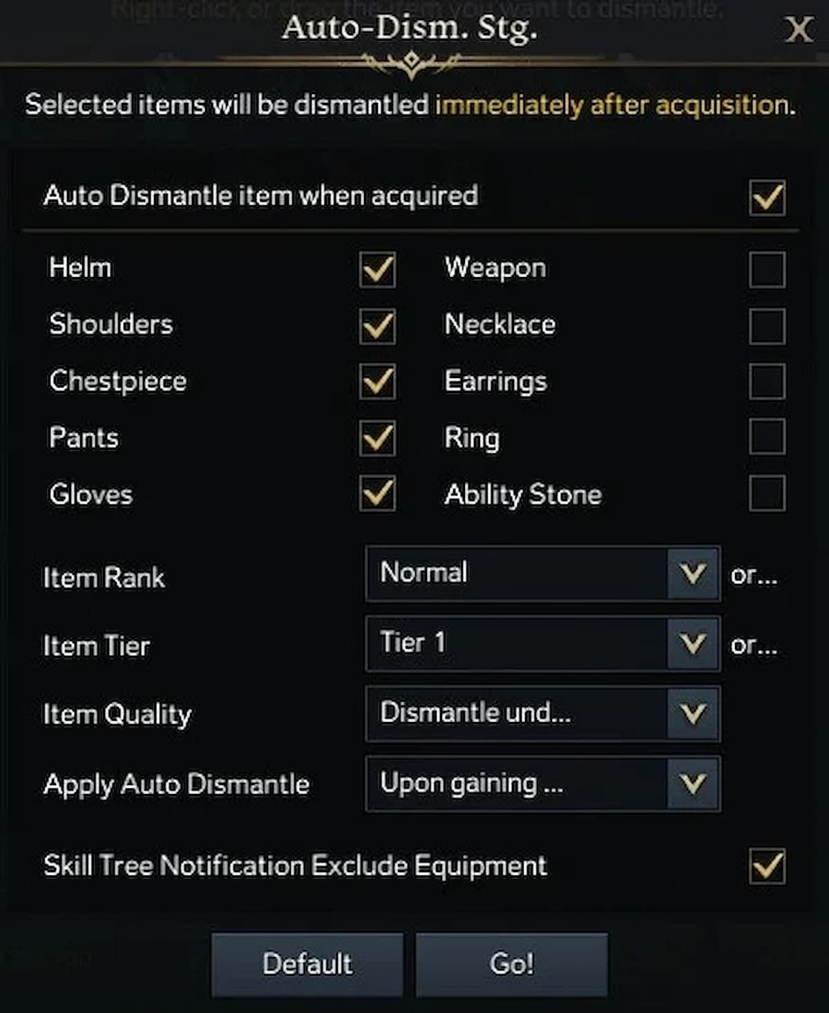 A look at the dismantling menu and the Auto Dismantle function (Image via Smilegate)