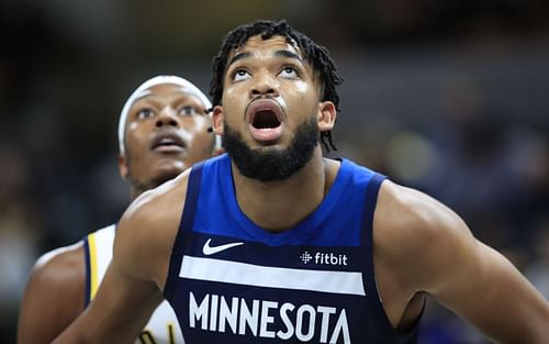 Karl-Anthony Towns of the Minnesota Timberwolves against Myles Turner of the Indiana Pacers