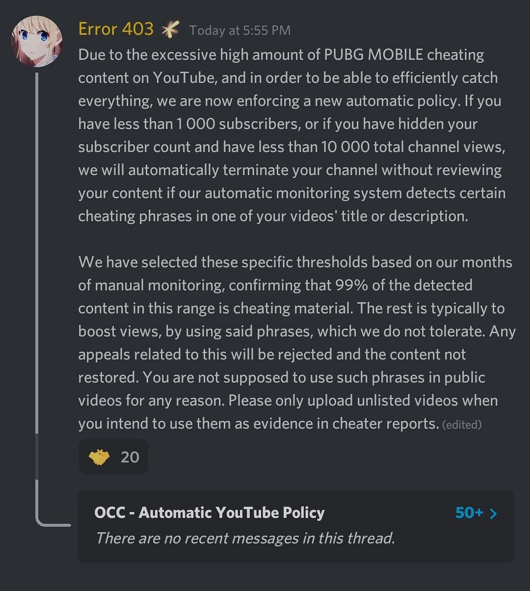 Official message on the battle royale title&#039;s Discord page (Image via PUBG Mobile)