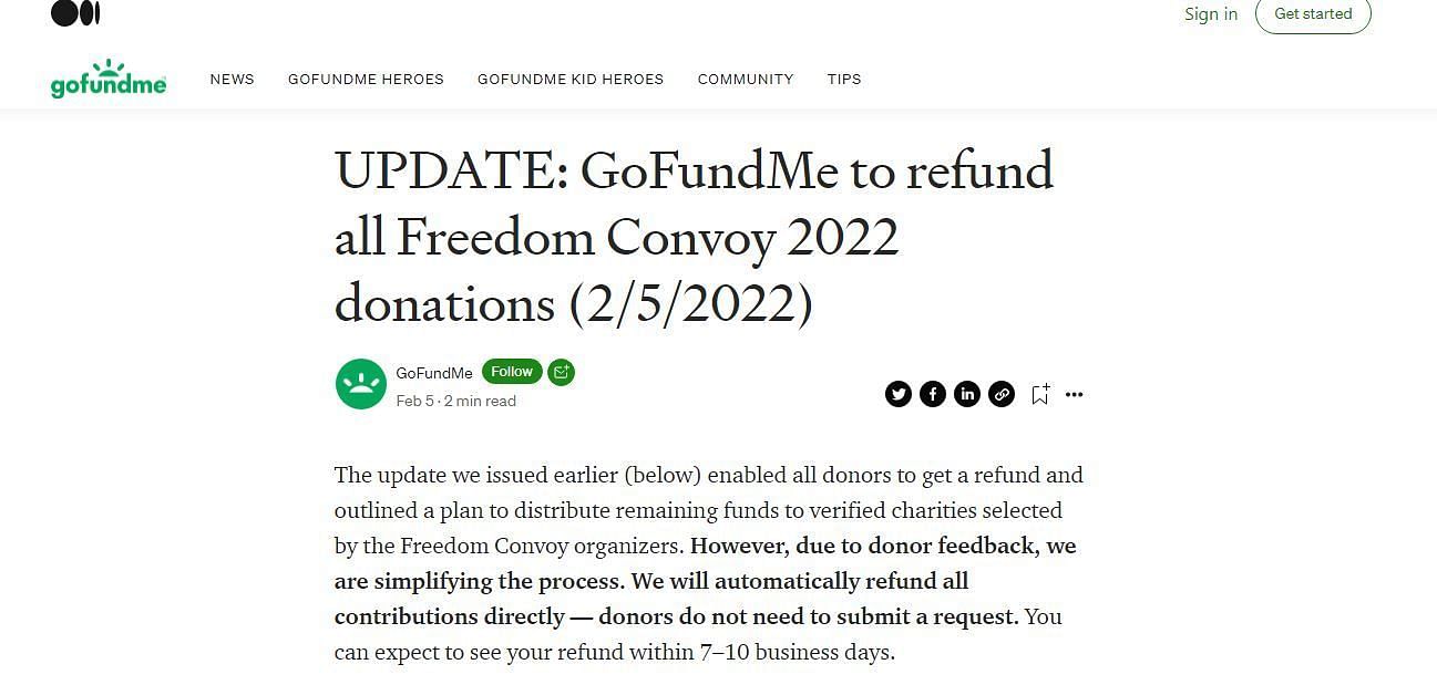 The Freedom Convoy 2022 fundraiser has been officially removed from GoFundMe (Image via GoFundMe)