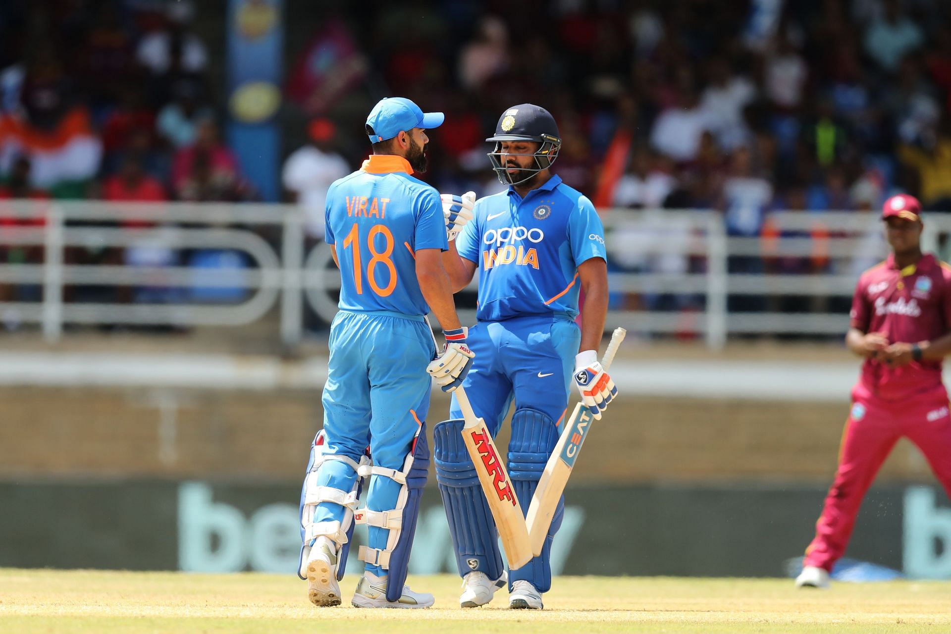 Virat Kohli and Rohit Sharma during an ODI against West Indies. Pic: Getty Imag