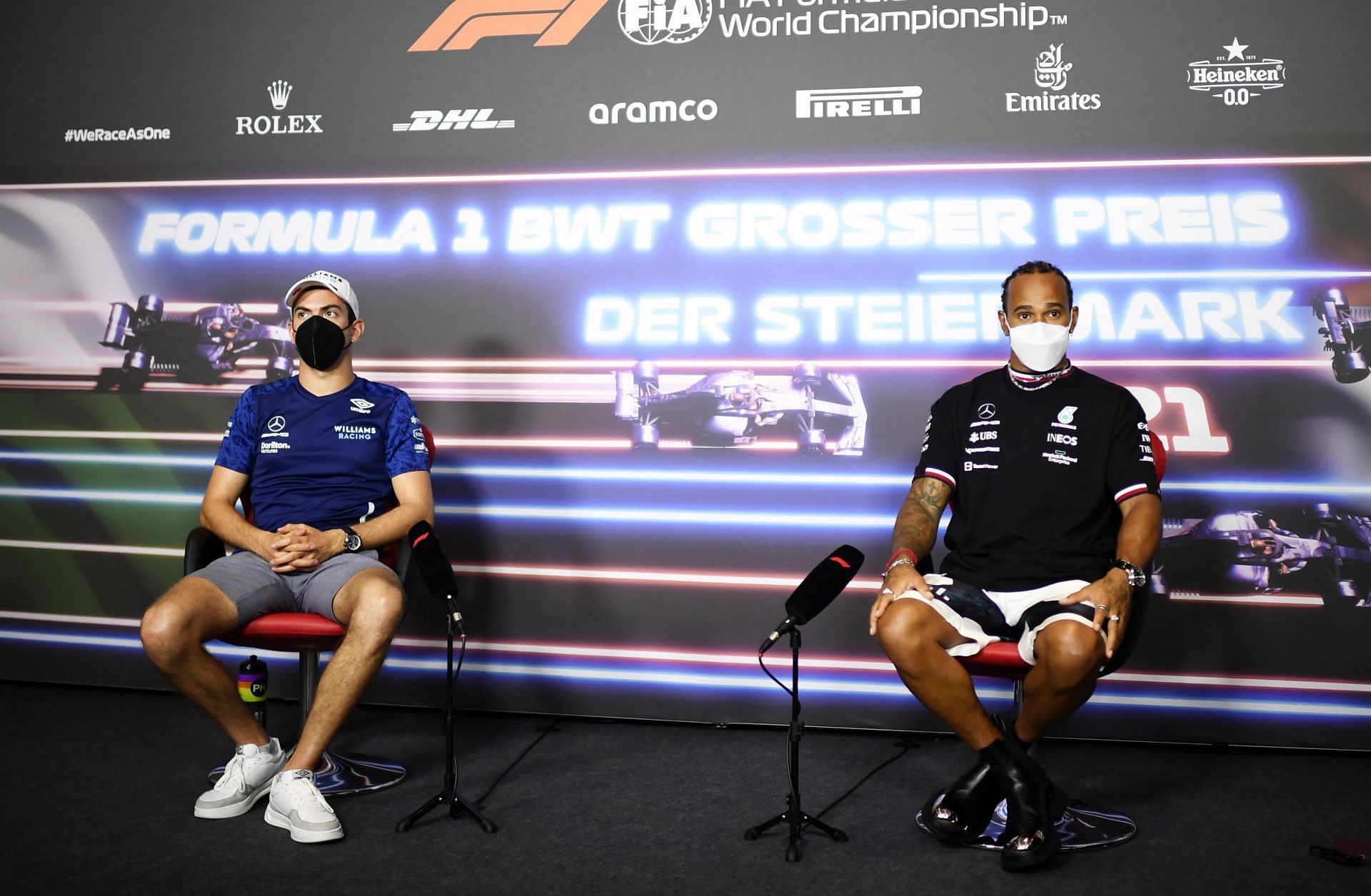 F1 Grand Prix of Styria - Nicholas Latifi (left) and Lewis Hamilton (right) attend a press interview