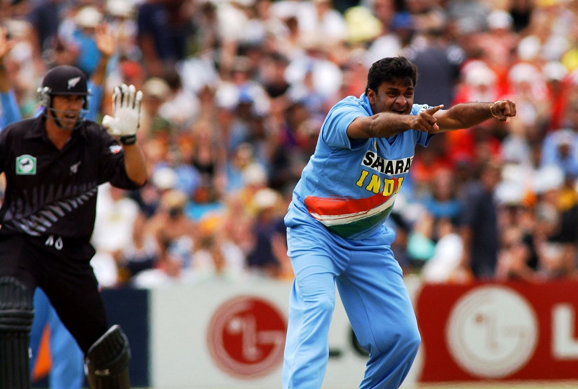 India&#039;s Javagal Srinath, right, appeals the lbw wi