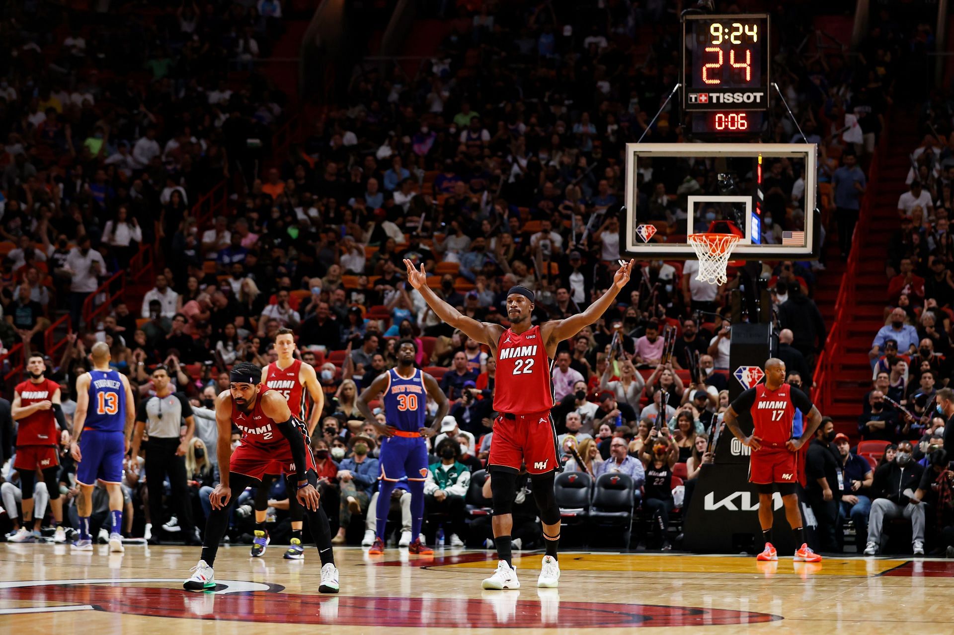 Jimmy Butler (#22) of the Miami Heat celebrates against the New York Knicks