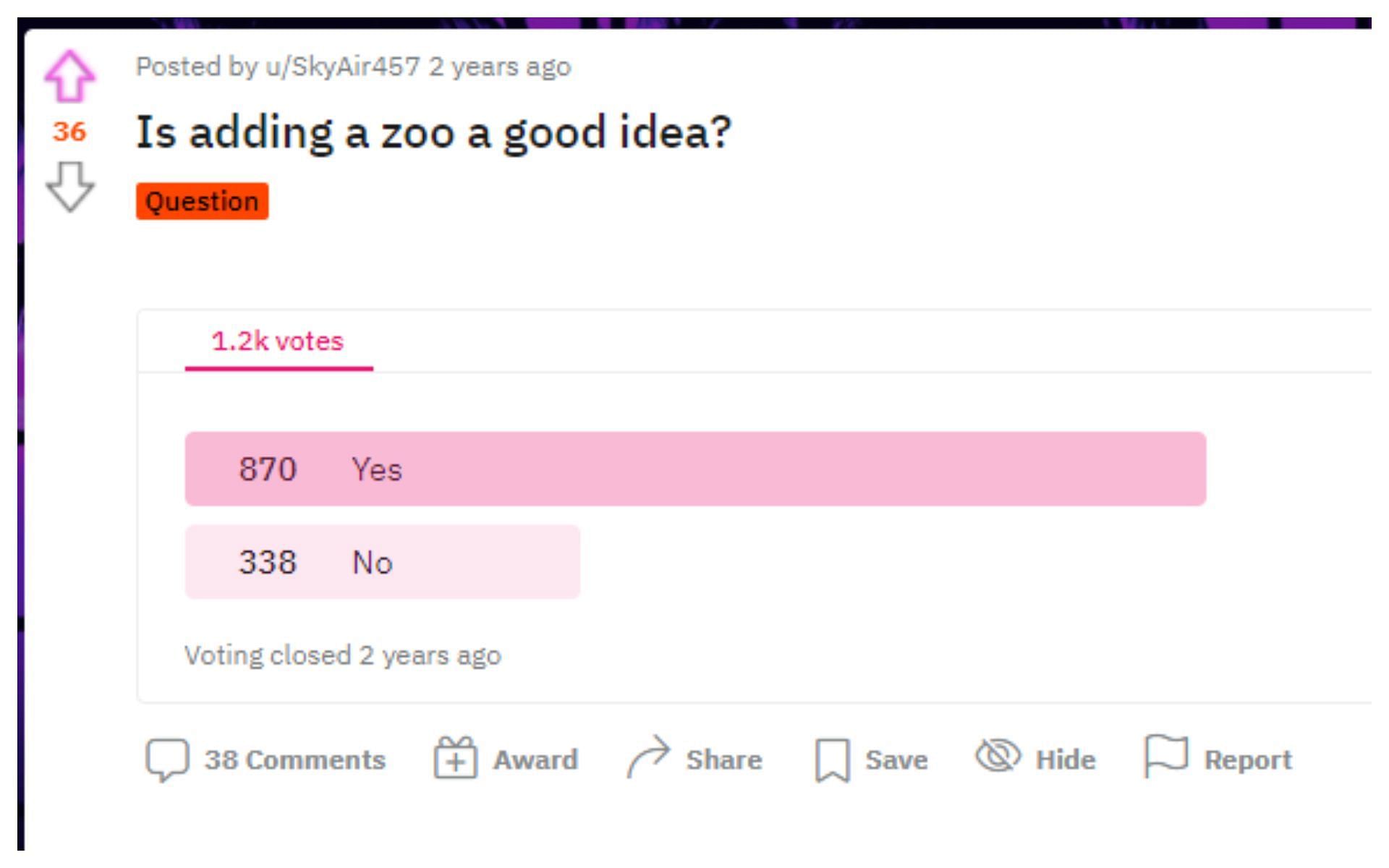 Reddit pole on whether GTA 6 should have a zoo (Image via Reddit @SkyAir457)