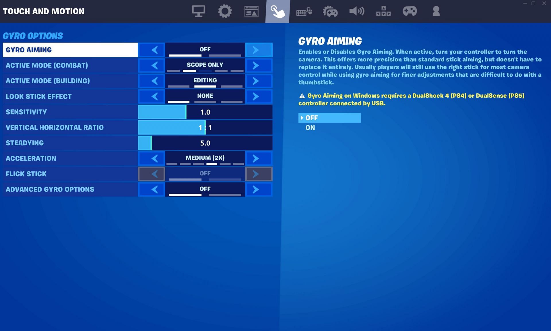 Gyro has to be enabled in settings (Image via Epic Games)