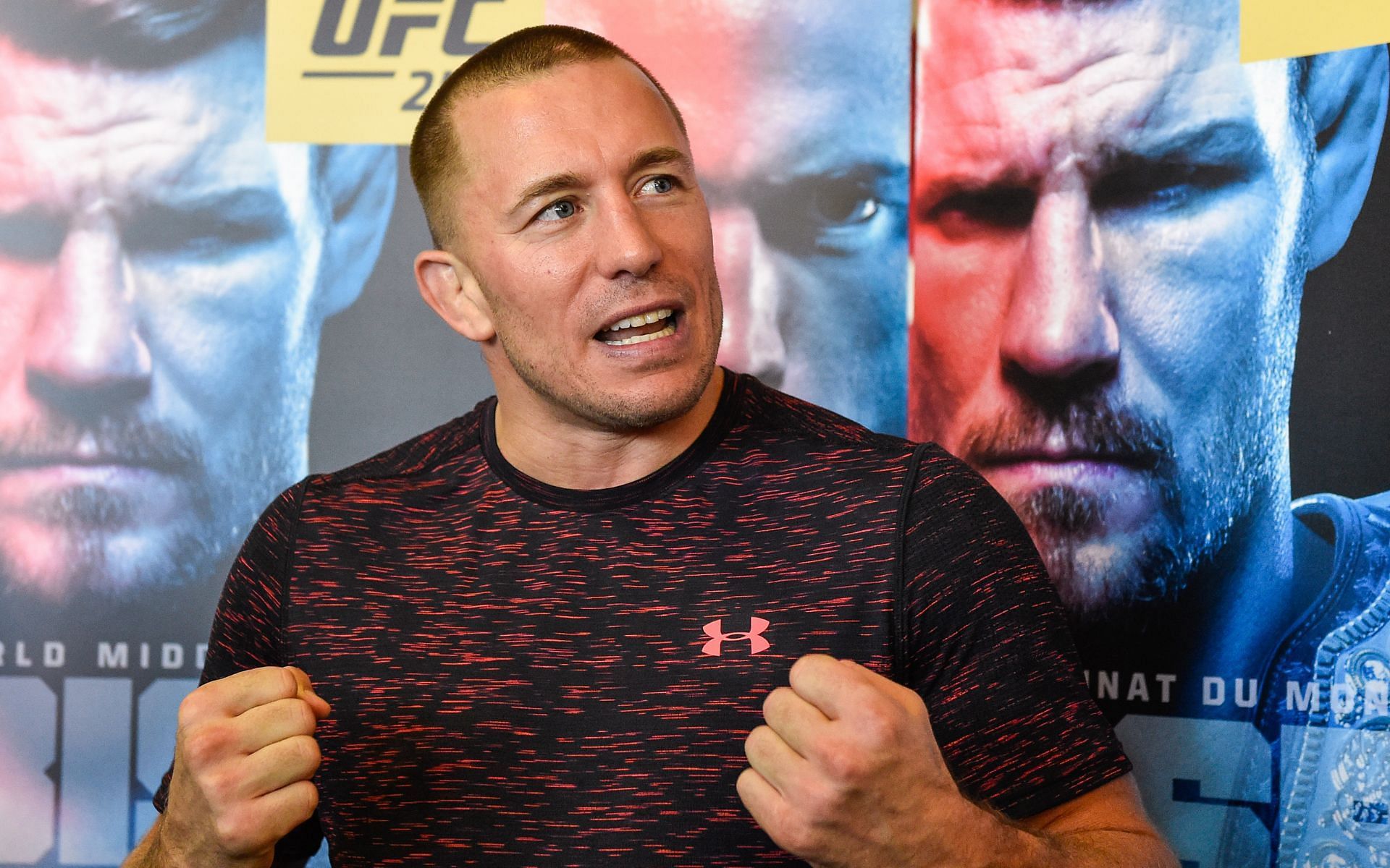 Georges St-Pierre addresses members of the press during the UFC 217 Media Day at Tristar Gym in Montreal, Quebec