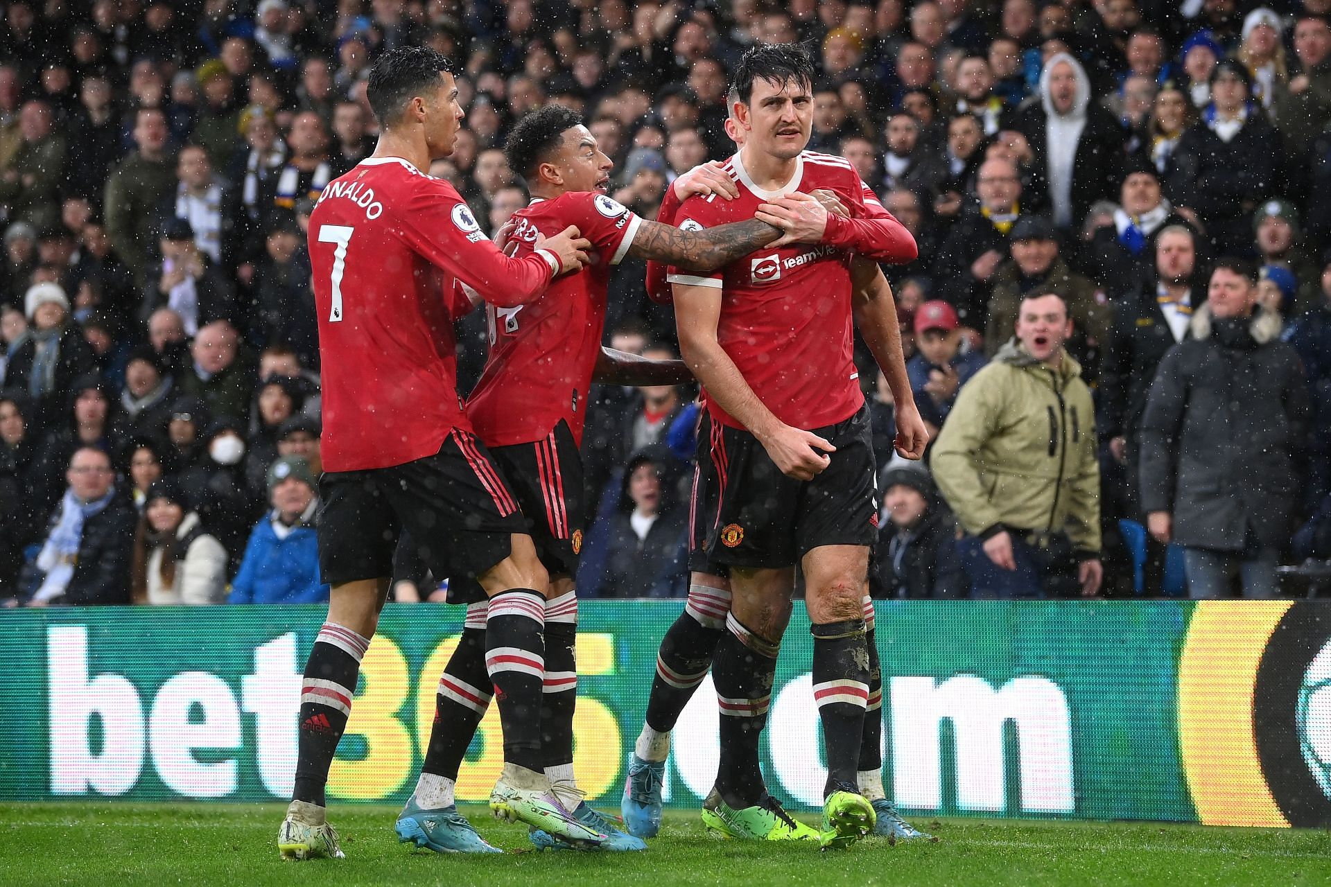 Manchester United players celebrate Harry Maguire&#039;s goal against Leeds on the weekend.