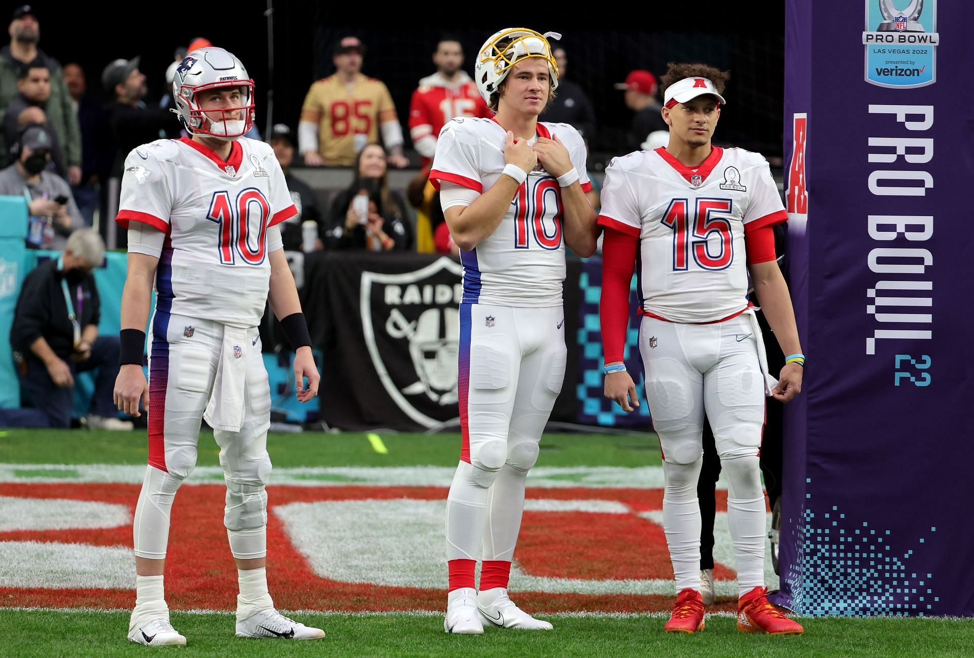 NFL Pro Bowl featuring quarterbacks Mac Jones, Justin Herbert, and Patrick Mahomes