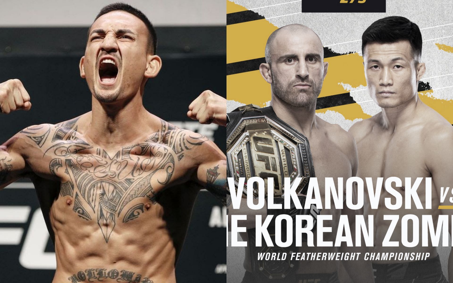 Max Holloway (left); Alexander Volkanovski and Chan Sung Jung (right) [Image courtesy - @ufc on Twitter]