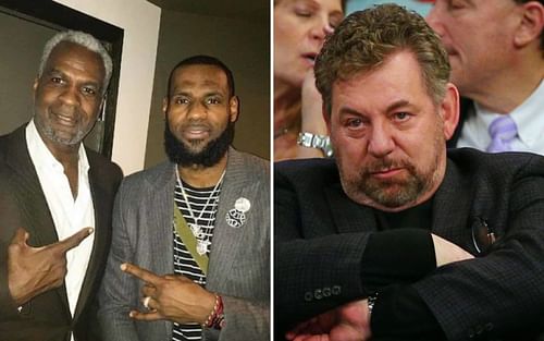 L - Charles Oakley and LeBron James; R - James Dolan