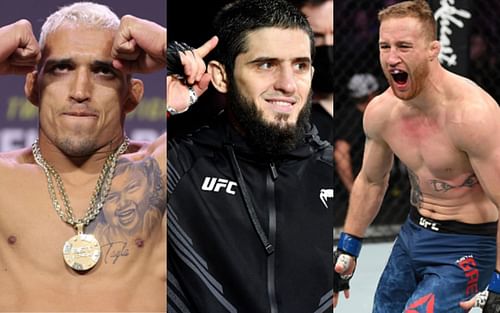 Charles Oliveira (left); Islam Makhachev (center); Justin Gaethje (right)