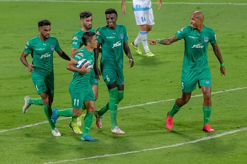 Bengaluru FC players celebrate a goal during their game against Jamshedpur FC. [Credits: ISL]