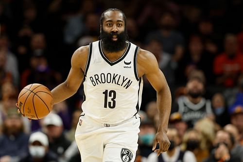 Brooklyn Nets guard James Harden handles the ball.