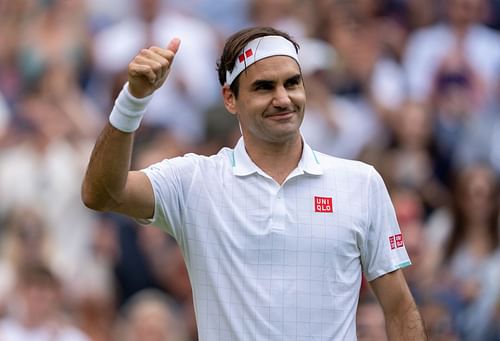 Roger Federer celebrates at the 2021 Wimbledon Championships