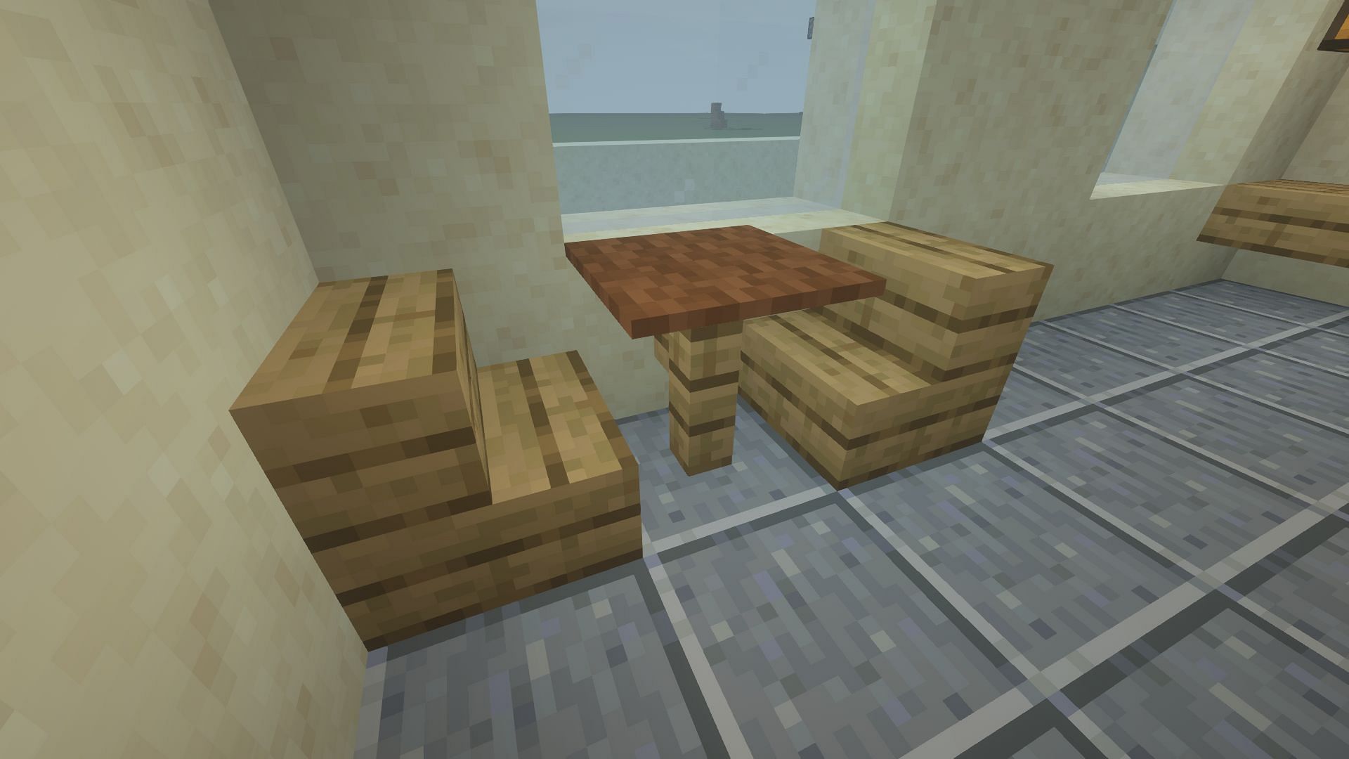 A dining table made with fences, carpets, and stairs (Image via Minecraft)