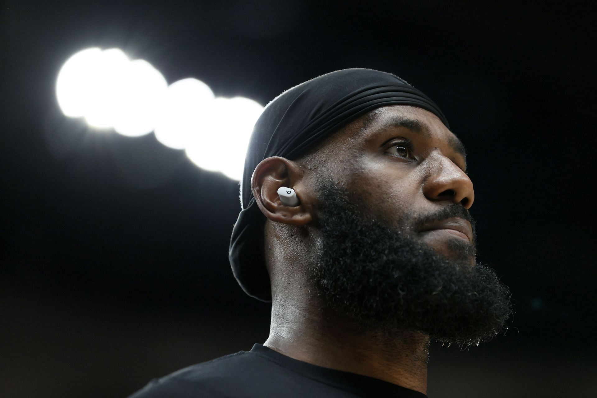 LeBron James #6 of the Los Angeles Lakers before game against the Portland Trail Blazers.