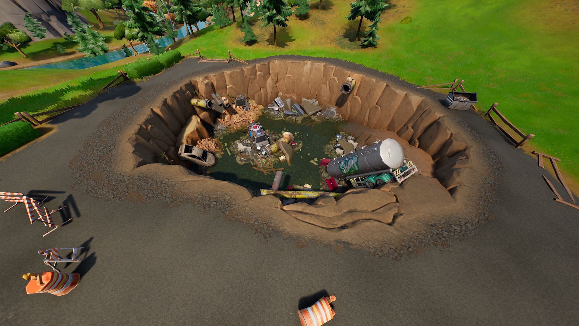 A sinkhole formed near Tilted Towers that brings about several questions (Image via Epic Games)