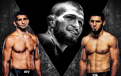 Beneil Dariush (L), Khabib Numagomedov (C) and Islam Makhachev (R)