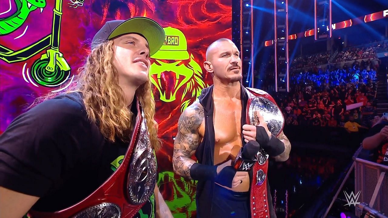 Randy Orton and Riddle with the RAW Tag Team titles