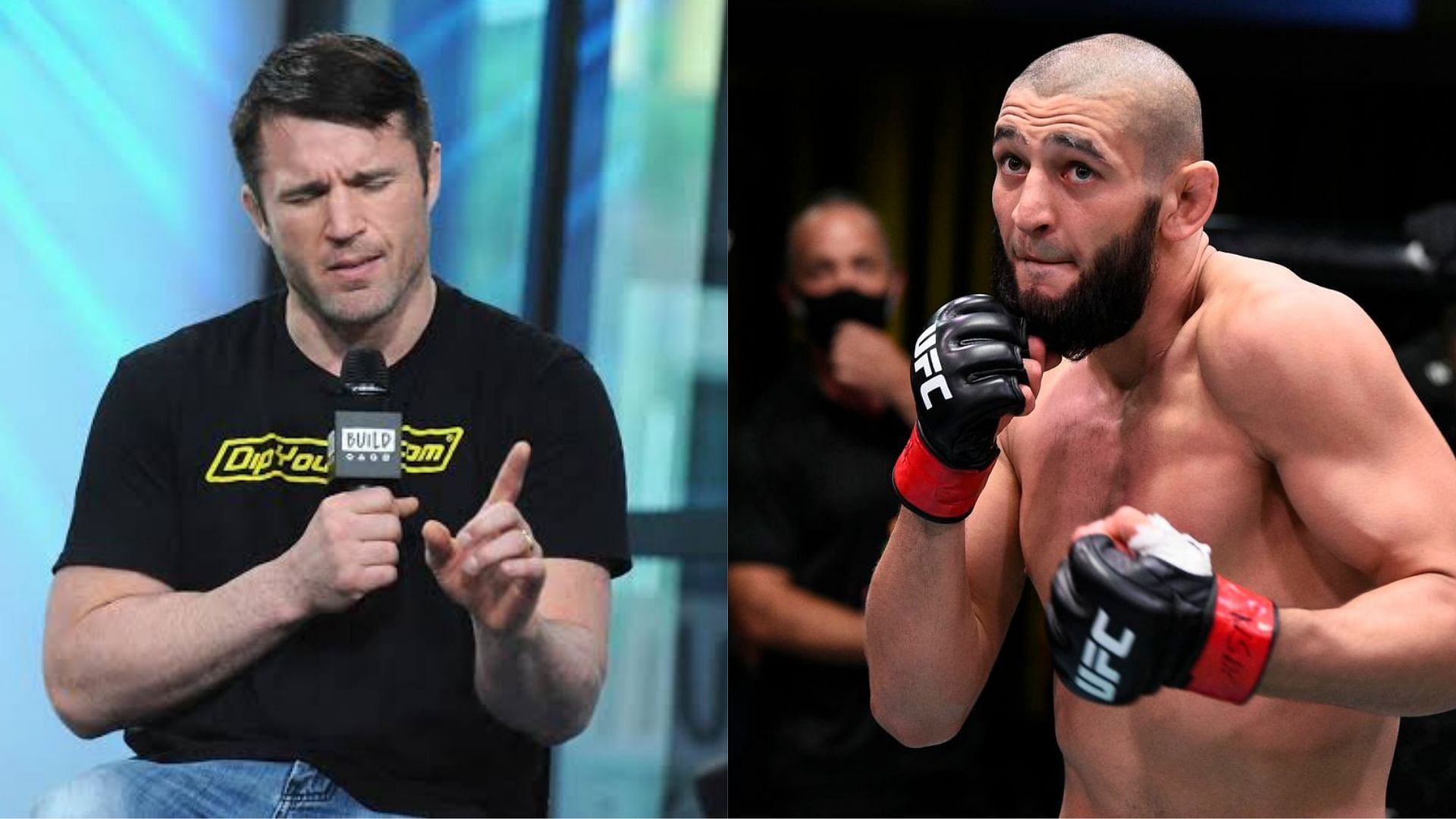 Chael Sonnen (L) has explained why it is so hard to beat Khamzat Chimaev (R)
