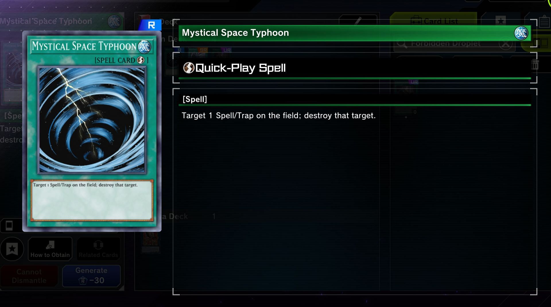 Mystic Space Typhoon is a classic Yu-Gi-Oh! Master Duel card, and can really help this deck (Image via Konami)