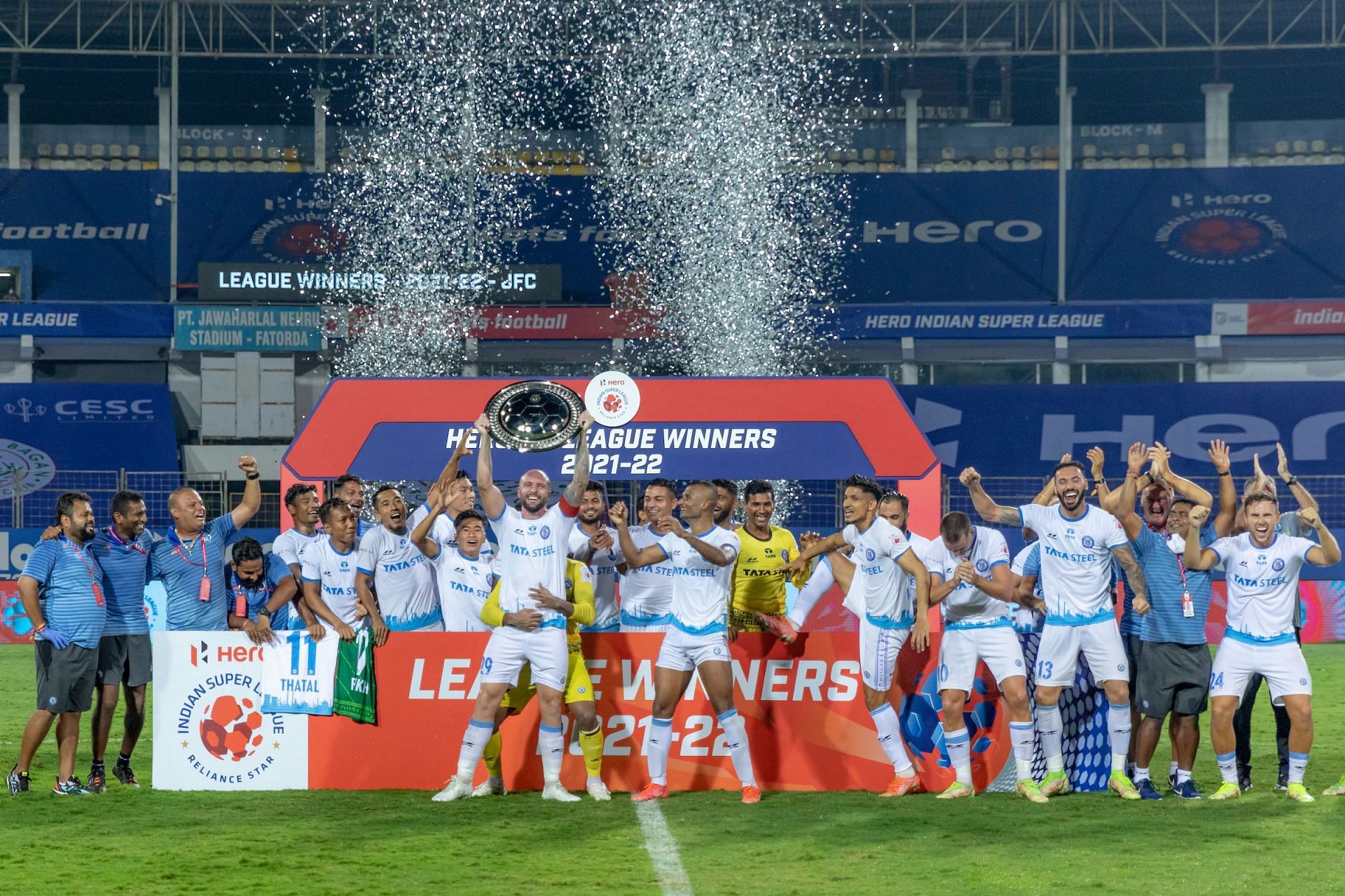 JFC players celebrate their League Winners Shield success. [Credits: ISL]