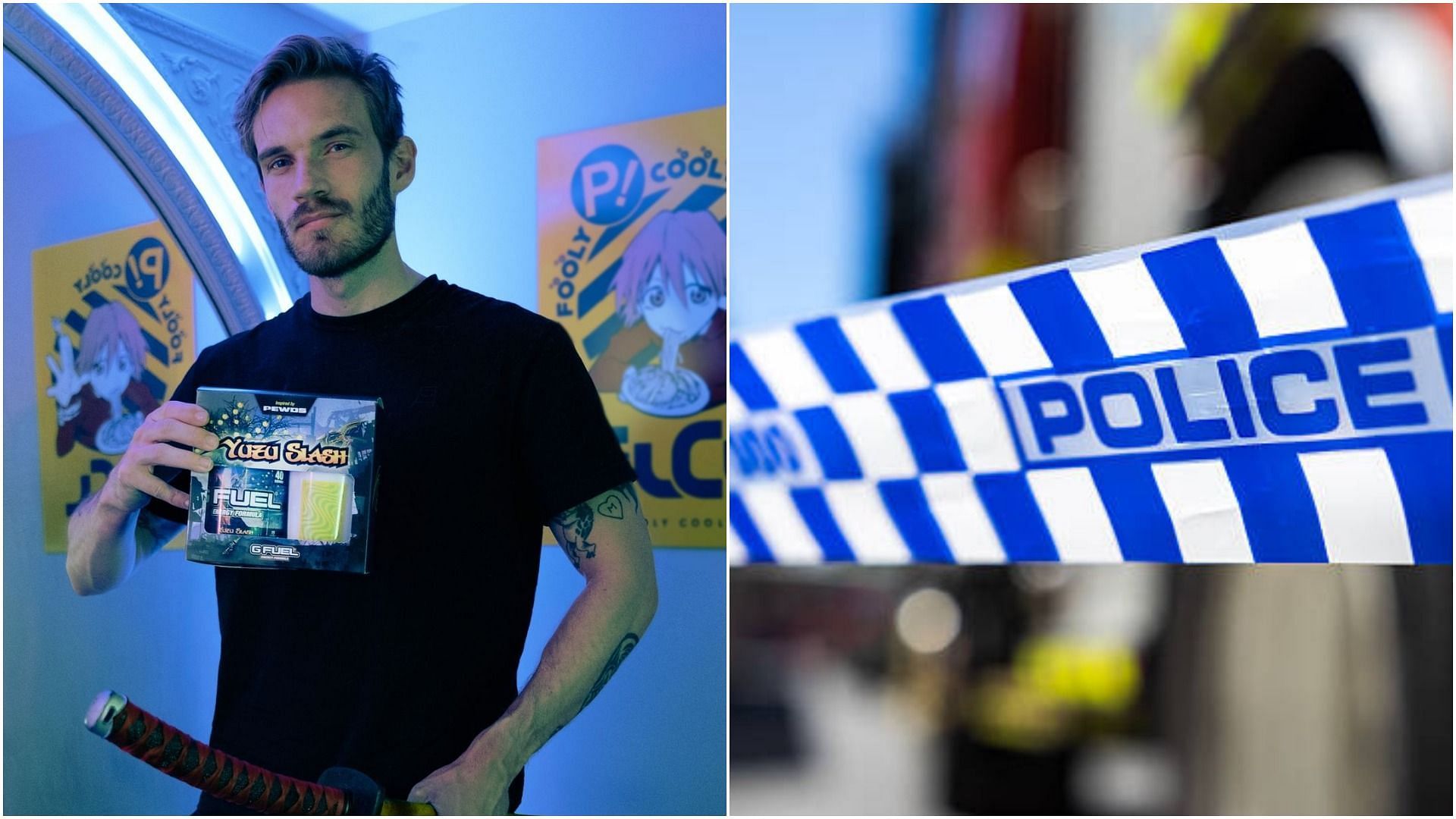 Police arrived at PewDiePie&#039;s house after the YouTuber ordered a knife online (Image via @pewdiedie/Instagram and Nigel Killeen/Getty Images)