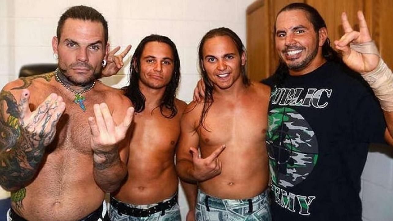 The Hardy Boyz posing with the Young Bucks.