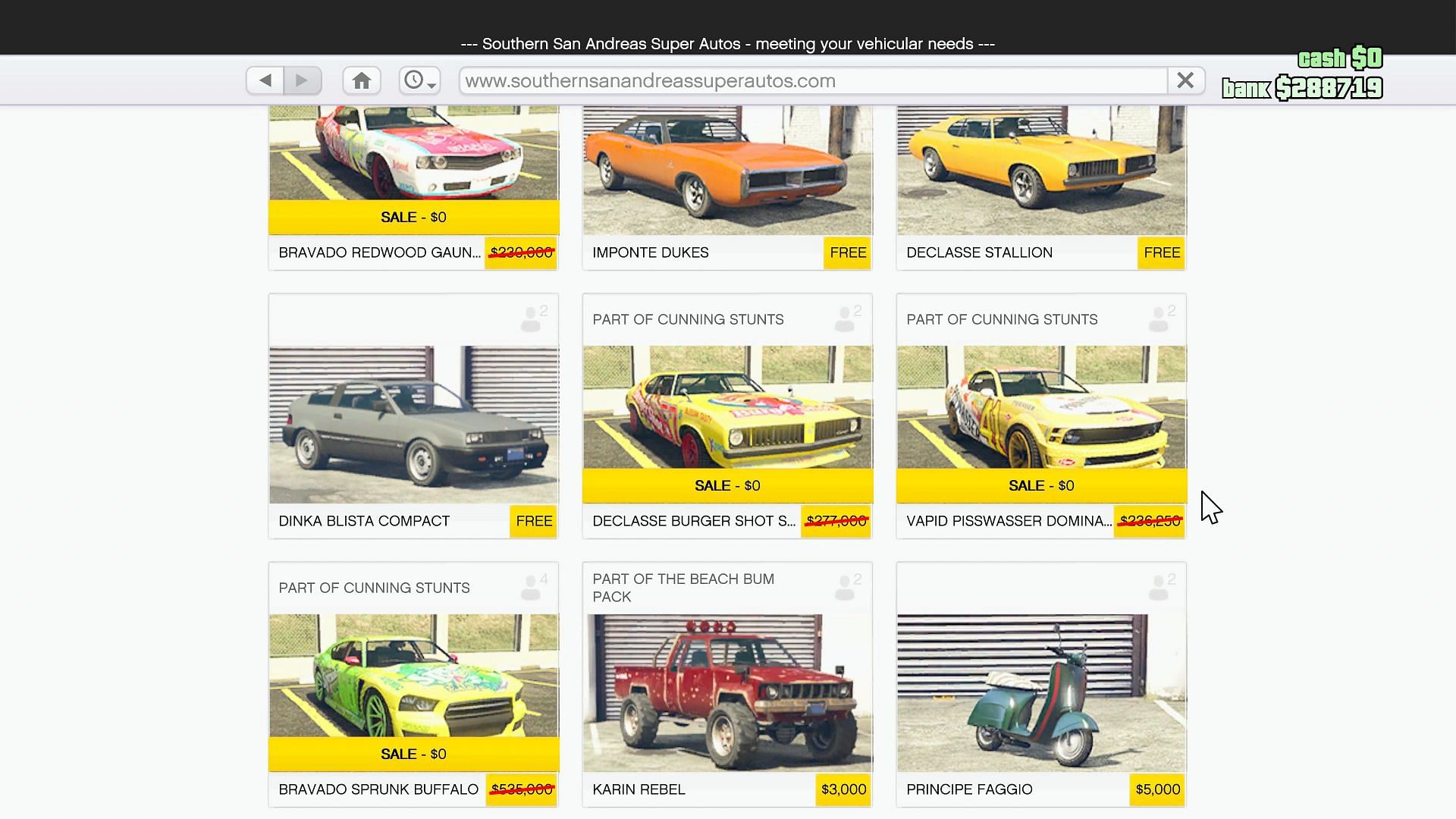 Southern San Andreas Super Autos&#039; selection of free cars (Image via Rockstar Games)