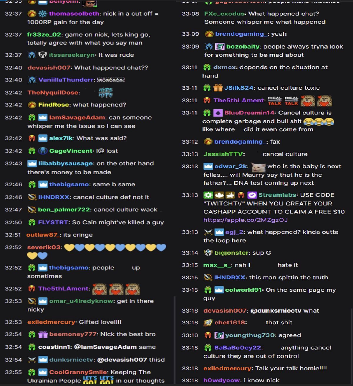 Streamer&#039;s Twitch chat reacting to the streamer&#039;s address (Images via NICKMERCS/Twitch chat)