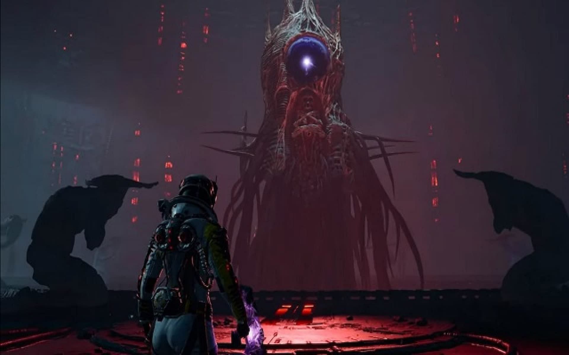 A player approaches a tower boss in Returnal (Image via Housemarque)