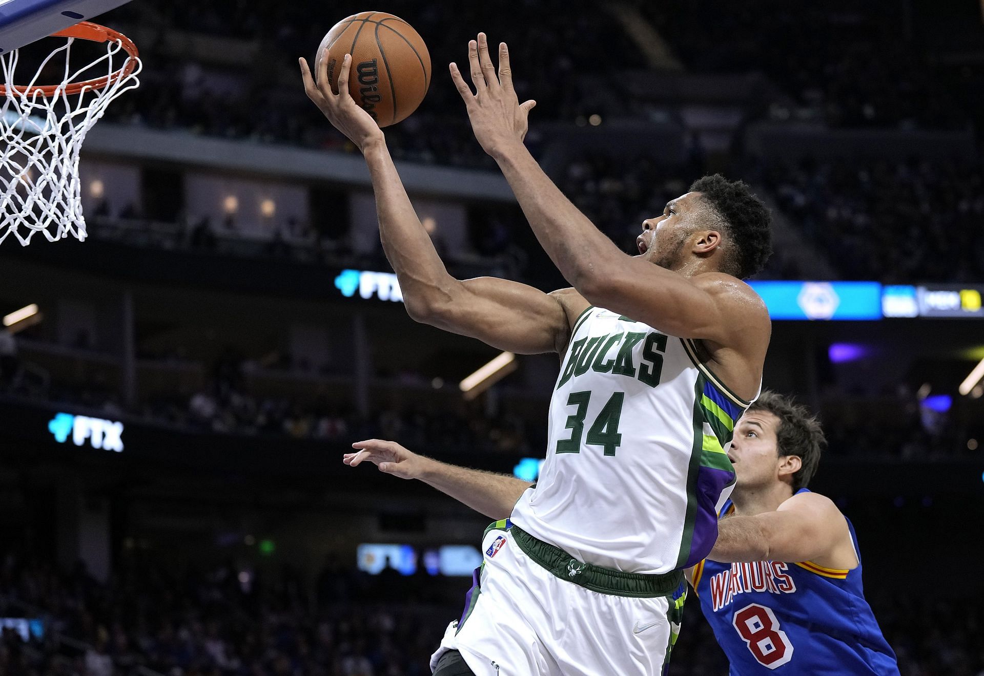 Giannis Antetokounmpo of the Milwaukee Bucks against the Golden State Warriors