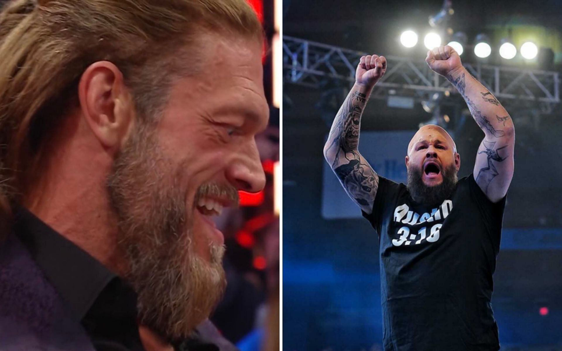 Edge (left); Kevin Owens cosplaying Stone Cold Steve Austin (right)