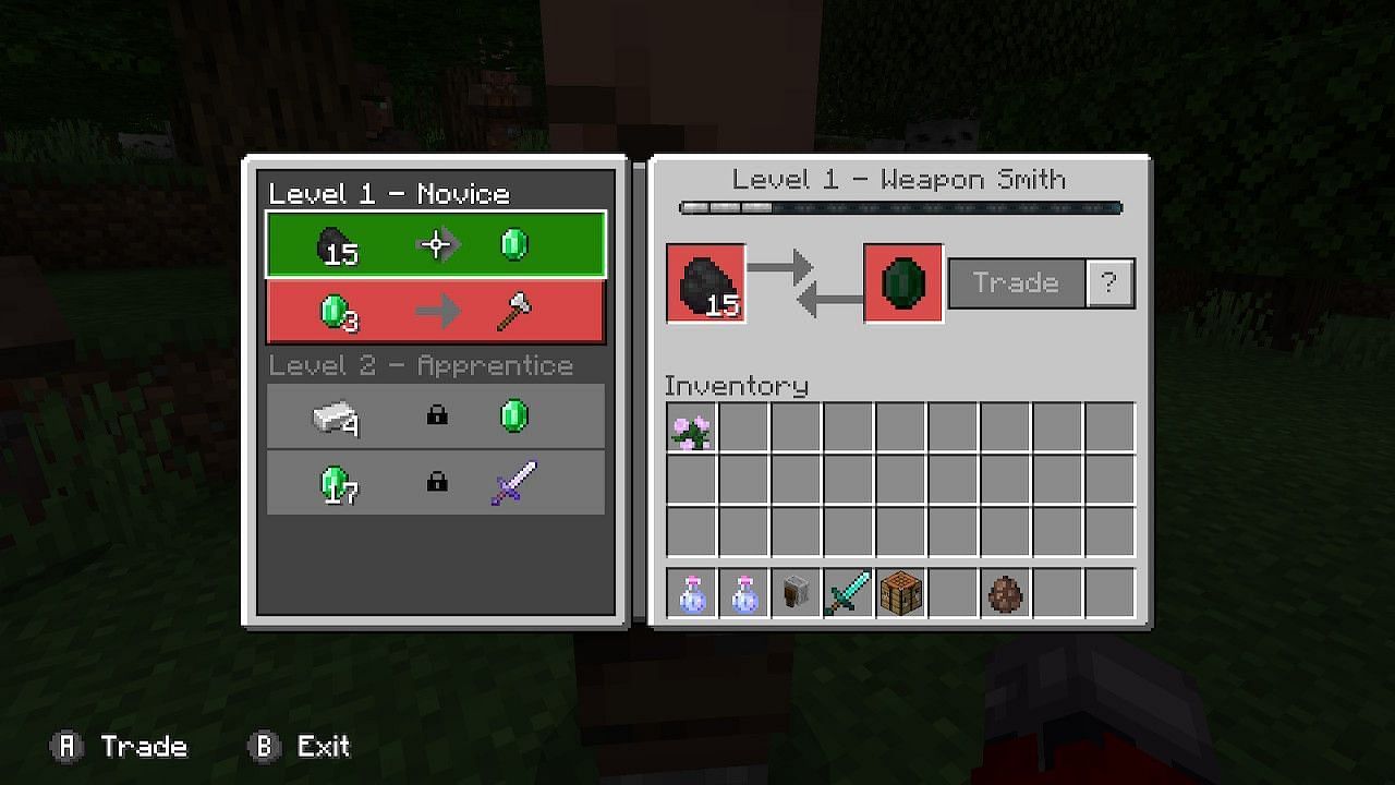 Players are able to trade for powerful equipment at the weaponsmith (Image via Minecraft)