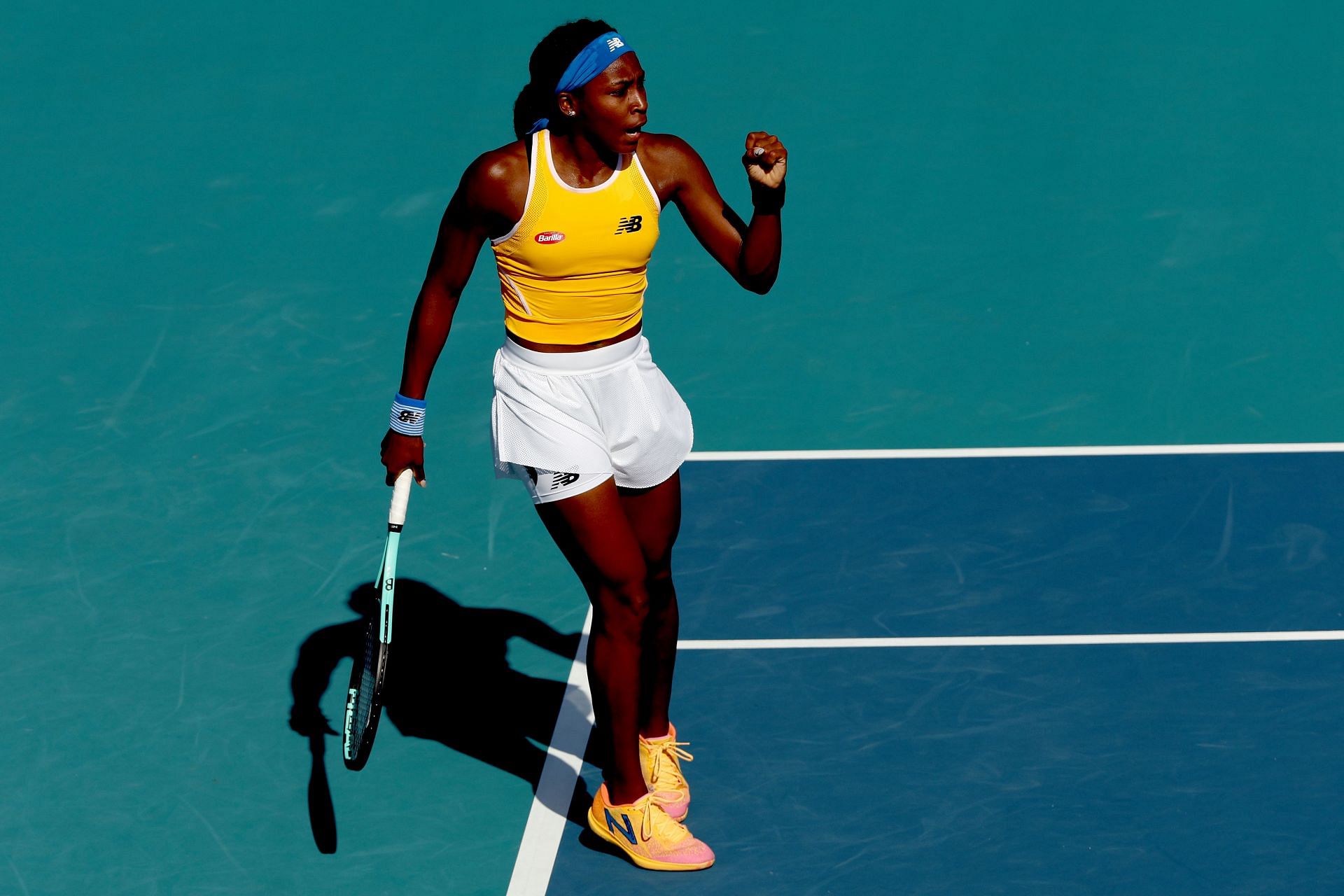 Coco Gauff celebrates a point at the 2022 Miami Open