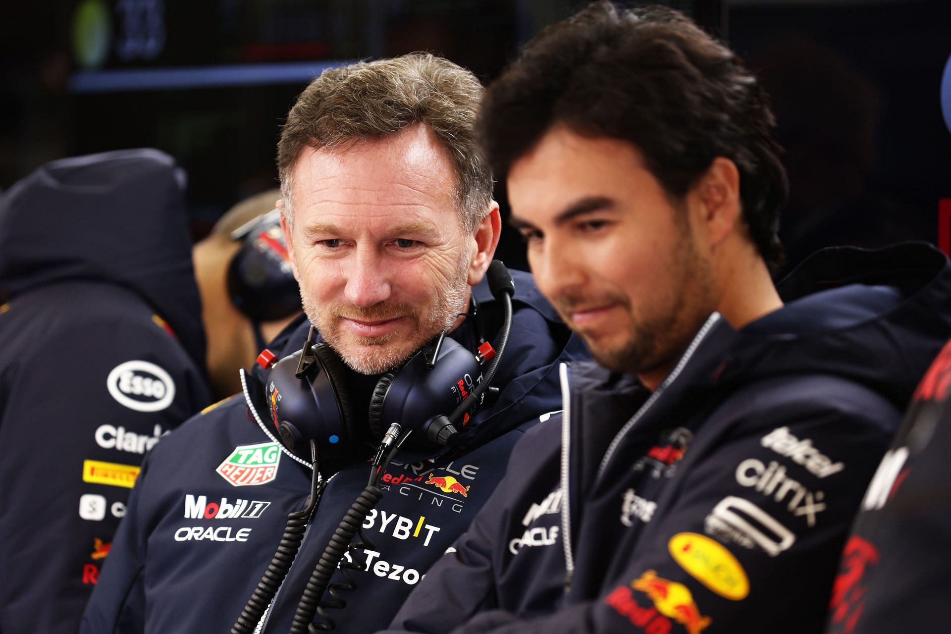 Red Bull boss Christian Horner (left) and driver Sergio Perez (right) during pre-season testing in Barcelona (Photo by Mark Thompson/Getty Images)