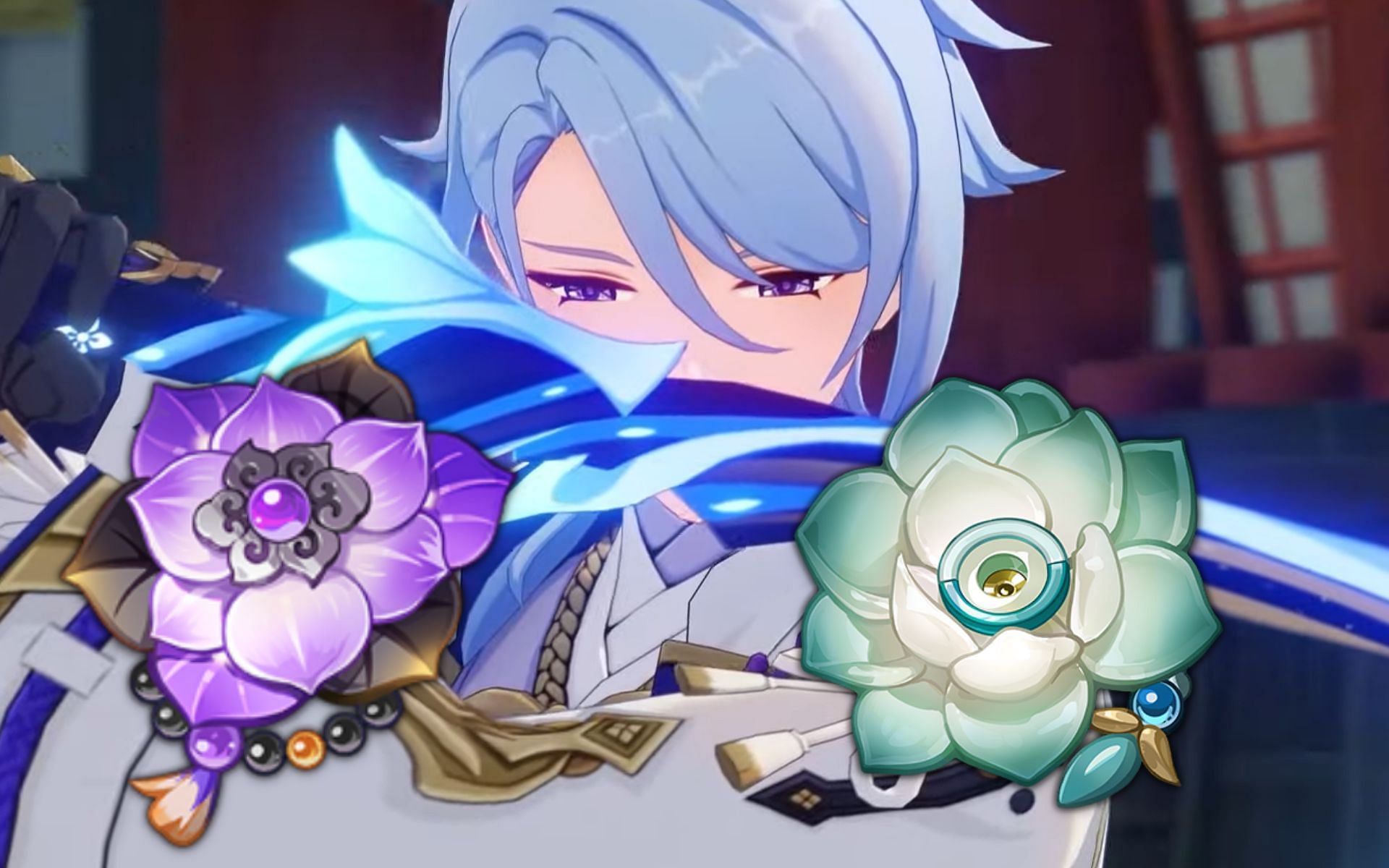 Kamisato Ayato holding his signature sword, plus the Flowers of Life of the two new artifact sets (Image via miHoYo)