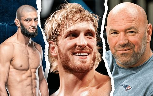 Khamzat Chimaev (left), Logan Paul (middle), Dana White (right) [Image credits: UFC.com and Getty]