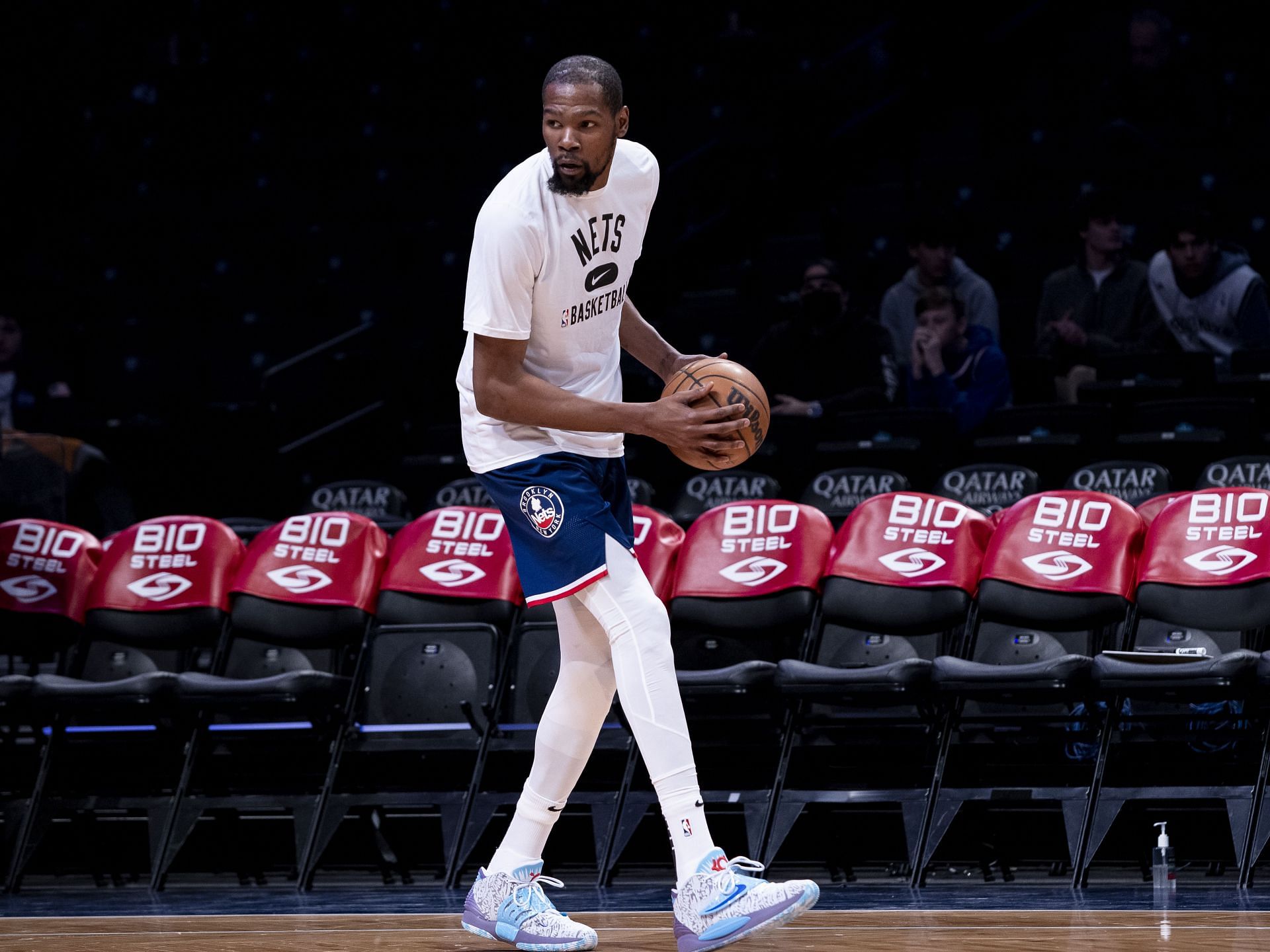 Kevin Durant of the Brooklyn Nets warms up pre-game before facing the Miami Heat