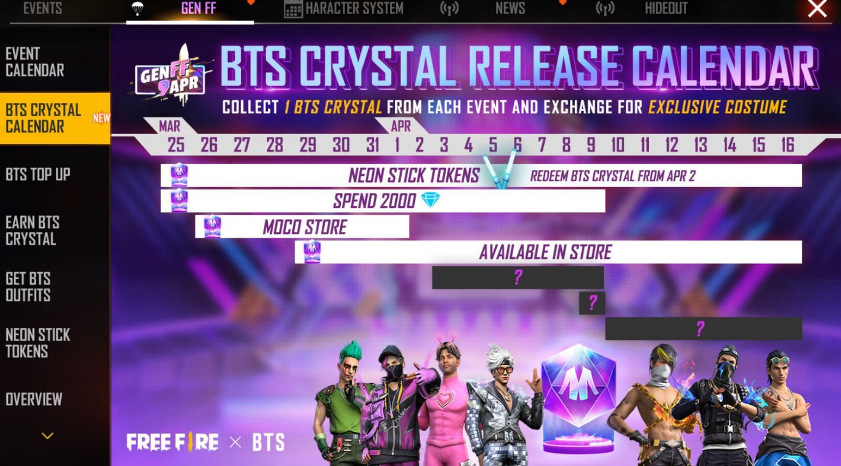 Updated BTS Crystal release calendar (Image via Garena)