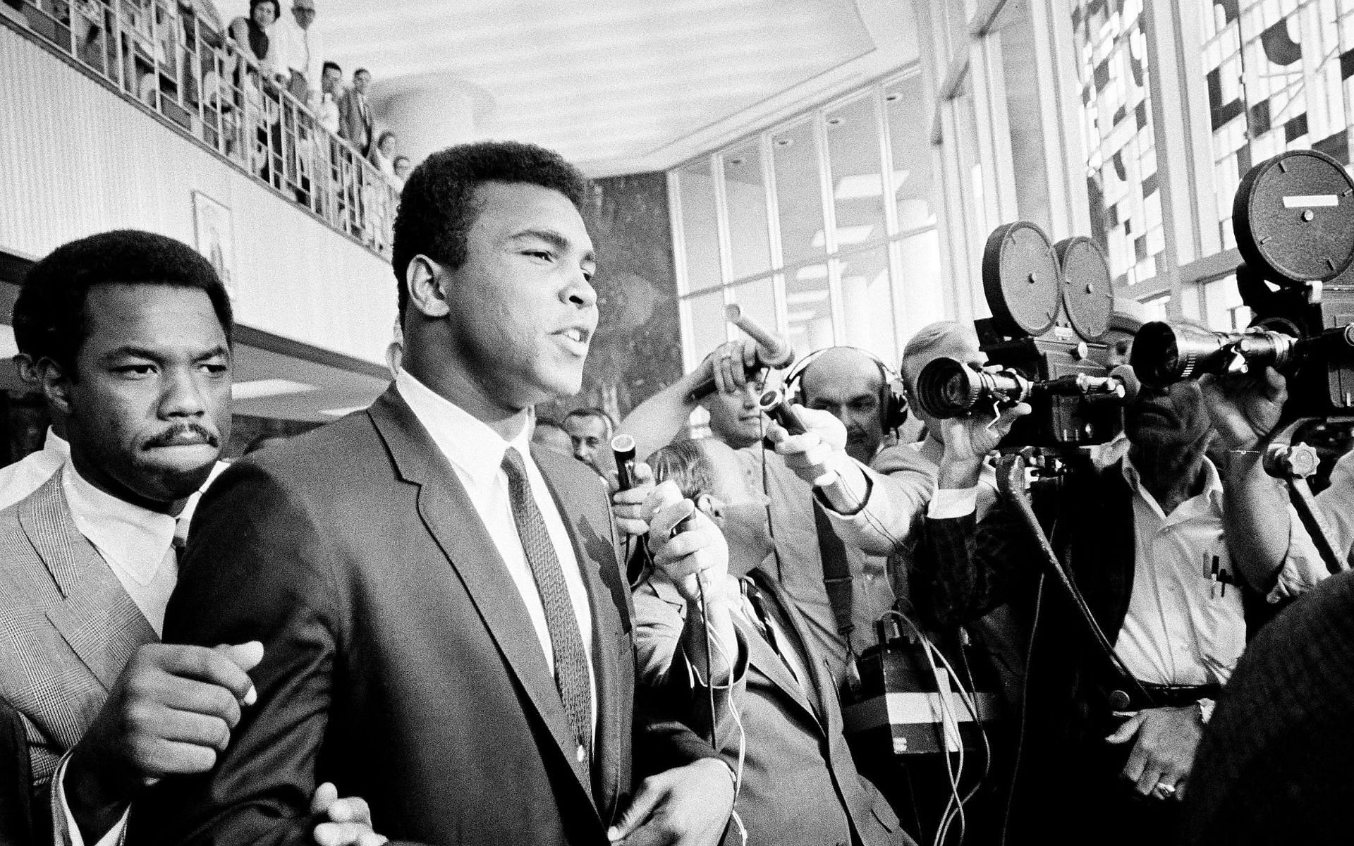 Muhammad Ali faces the media after being convicted of evading the draft