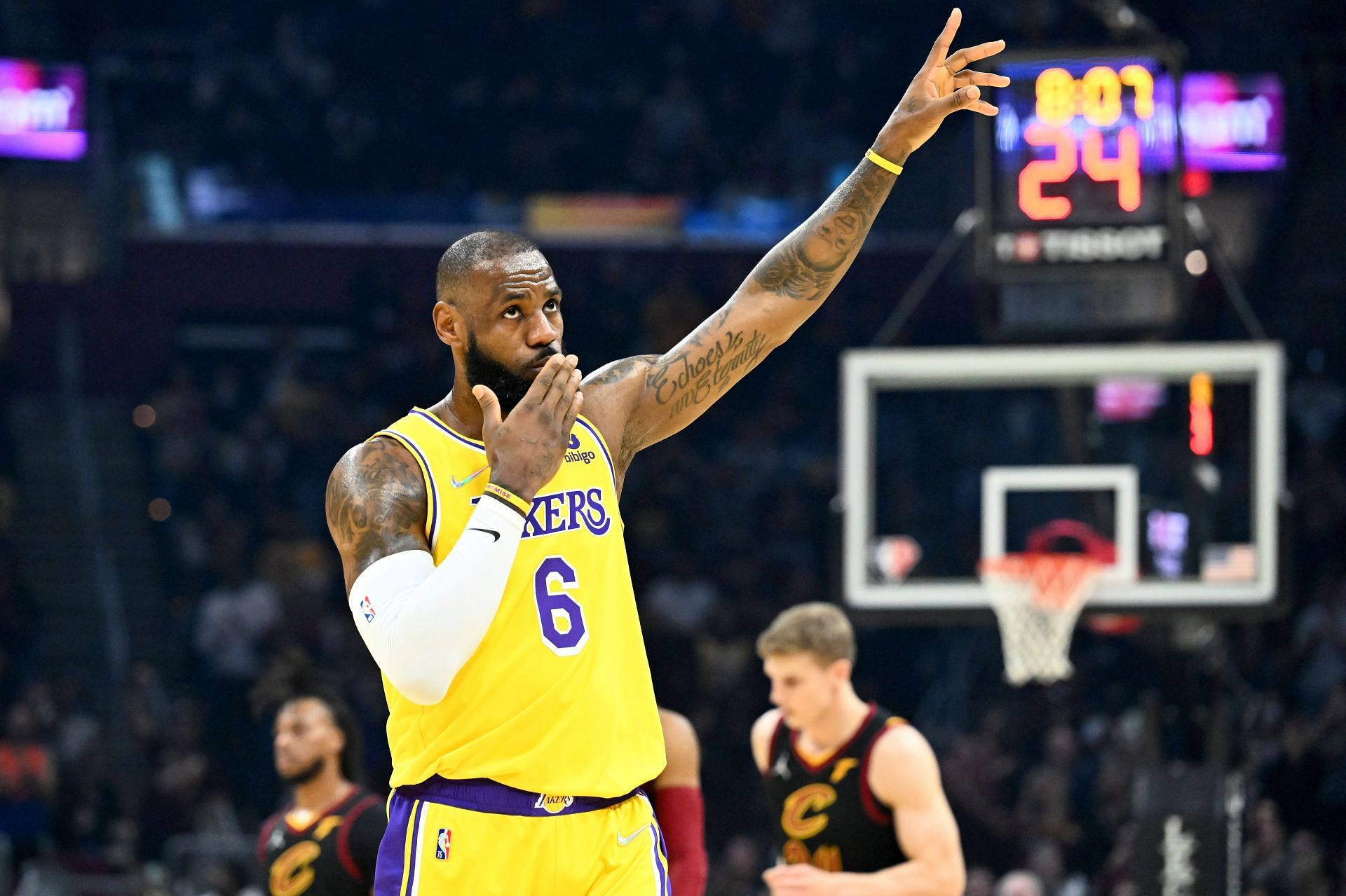 LeBron James of the LA Lakers waves to the crowd during the first quarter against the Cleveland Cavaliers at Rocket Mortgage Fieldhouse on Monday in Cleveland, Ohio.