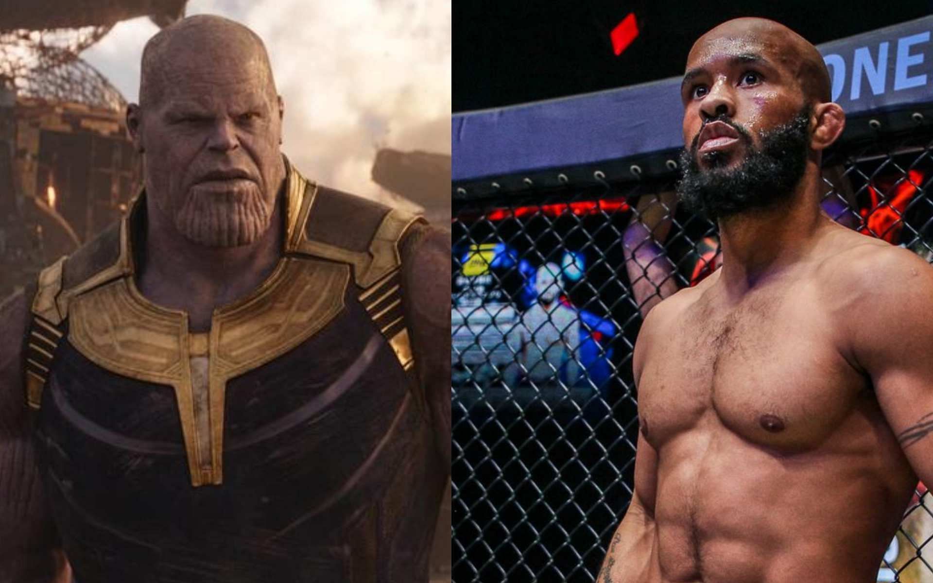 Demetrious Johnson (right) felt that his knockout loss to Adriano Moraes was akin to Thanos&#039; snap in the Marvel Cinematic Universe. [Photos ONE Championship, Marvel Studios]