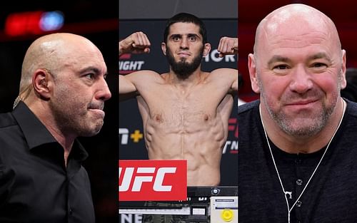 Joe Rogan [left], Islam Makhachev [center], Dana White [right]